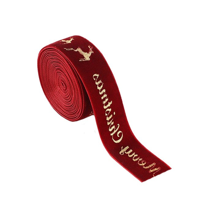 Panglica Decorativa de Craciun, Kadeny, Panglica din Panza cu aspec de Catifea, Funda Ornament, Model Merry Christmas si Cerbi Aurii, Decor pentru Brad de Craciun, 200 x 2.5 cm, Rosu
