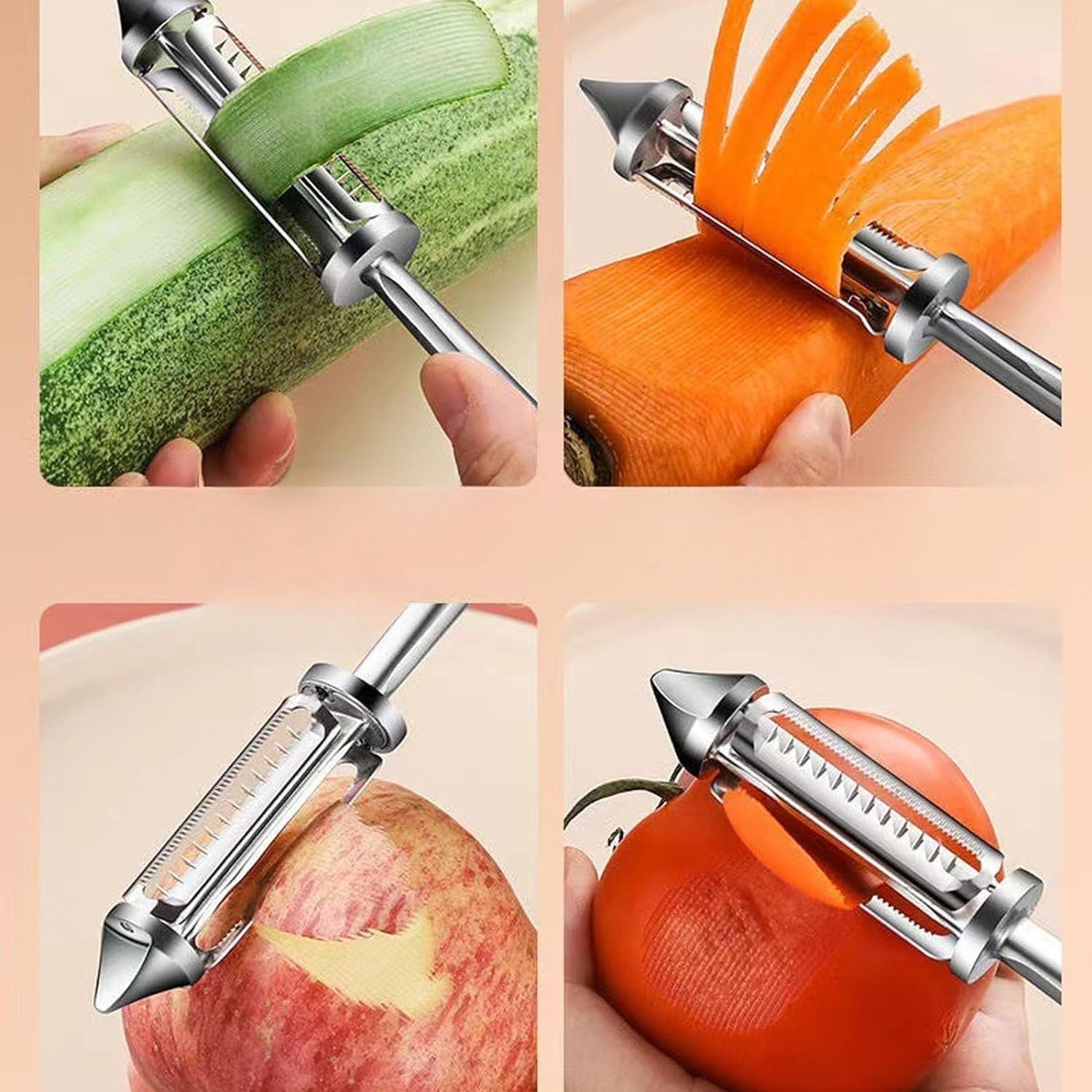 Peeler 2in1 pentru Legume si Fructe, Kadeny, Multifunctional, cu 2 Lame de Curatati si Feliat, Varf Ascutit pentru Gaurit, 18 cm, din Otel Inoxidabil, Argintiu/Negru