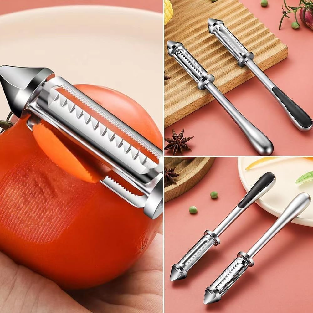 Peeler 2in1 pentru Legume si Fructe, Kadeny, Multifunctional, cu 2 Lame de Curatati si Feliat, Varf Ascutit pentru Gaurit, 18 cm, din Otel Inoxidabil, Argintiu/Negru