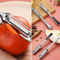 Peeler 2in1 pentru Legume si Fructe, Kadeny, Multifunctional, cu 2 Lame de Curatati si Feliat, Varf Ascutit pentru Gaurit, 18 cm, din Otel Inoxidabil, Argintiu/Negru
