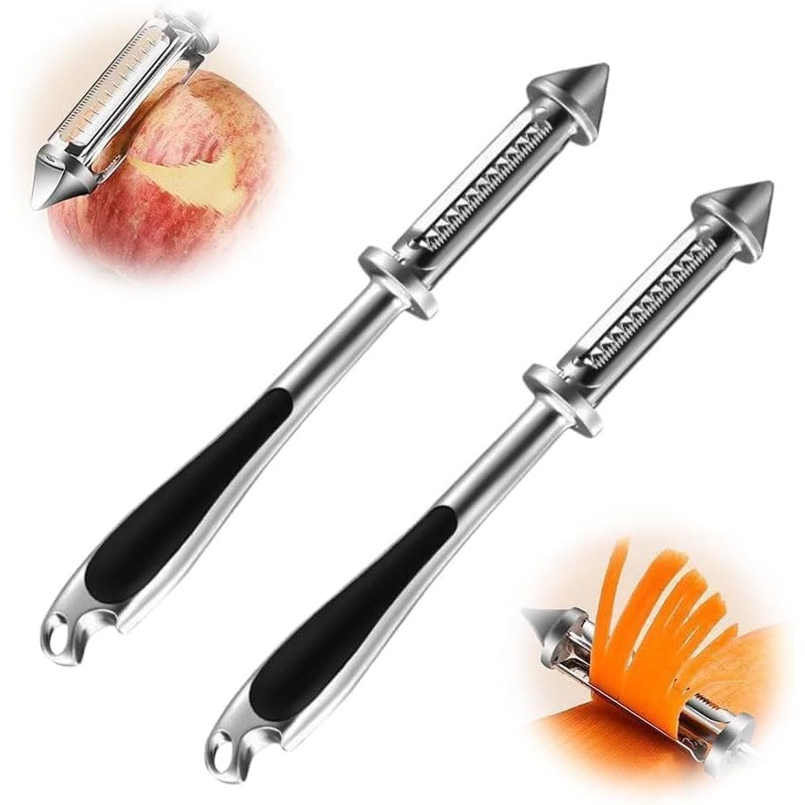 Peeler 2in1 pentru Legume si Fructe, Kadeny, Multifunctional, cu 2 Lame de Curatati si Feliat, Varf Ascutit pentru Gaurit, 18 cm, din Otel Inoxidabil, Argintiu/Negru