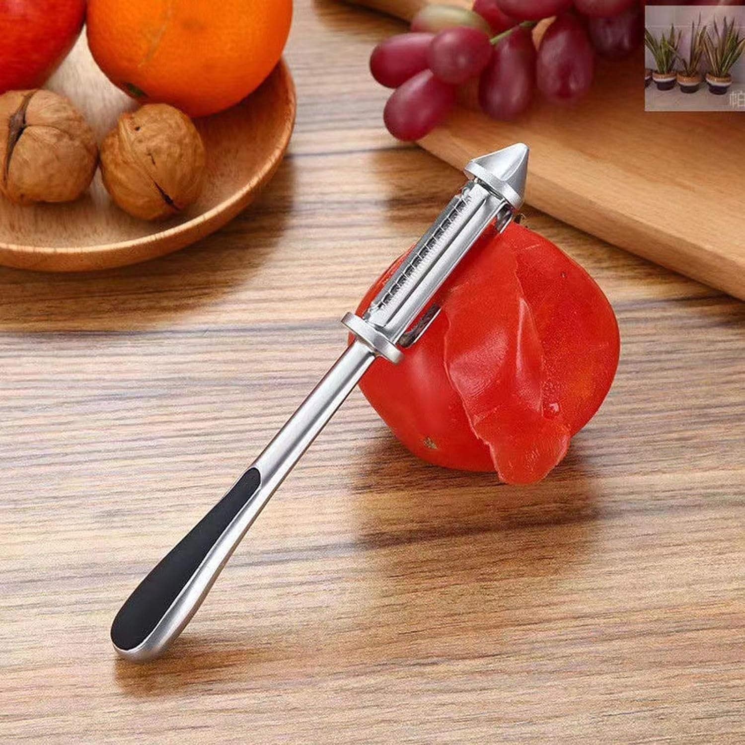 Peeler 2in1 pentru Legume si Fructe, Kadeny, Multifunctional, cu 2 Lame de Curatati si Feliat, Varf Ascutit pentru Gaurit, 18 cm, din Otel Inoxidabil, Argintiu/Negru