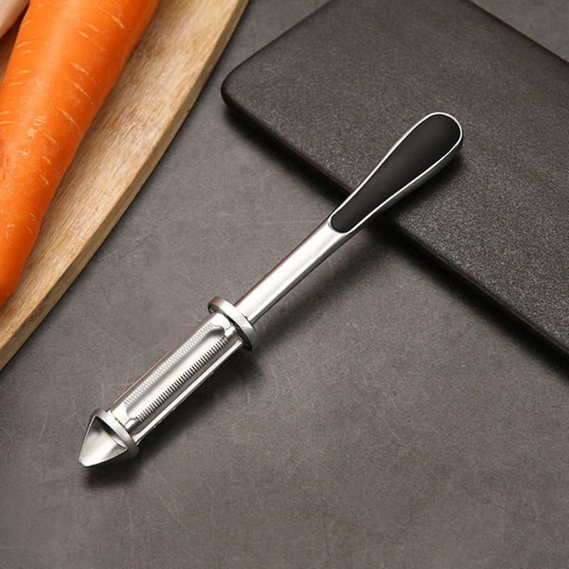 Peeler 2in1 pentru Legume si Fructe, Kadeny, Multifunctional, cu 2 Lame de Curatati si Feliat, Varf Ascutit pentru Gaurit, 18 cm, din Otel Inoxidabil, Argintiu/Negru