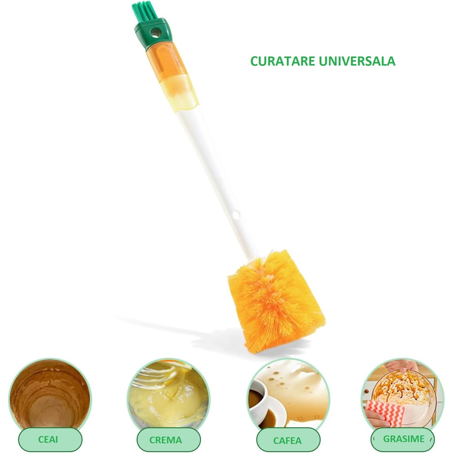 Perie 5 in 1 de Curatat Pahare, Cani, Sticle, Kadeny, cu Maner Lung, Accesorii pentru Spalarea Paielor si Capacelor, Usor de Agatat, 36x7x7cm, Portocaliu-Alb