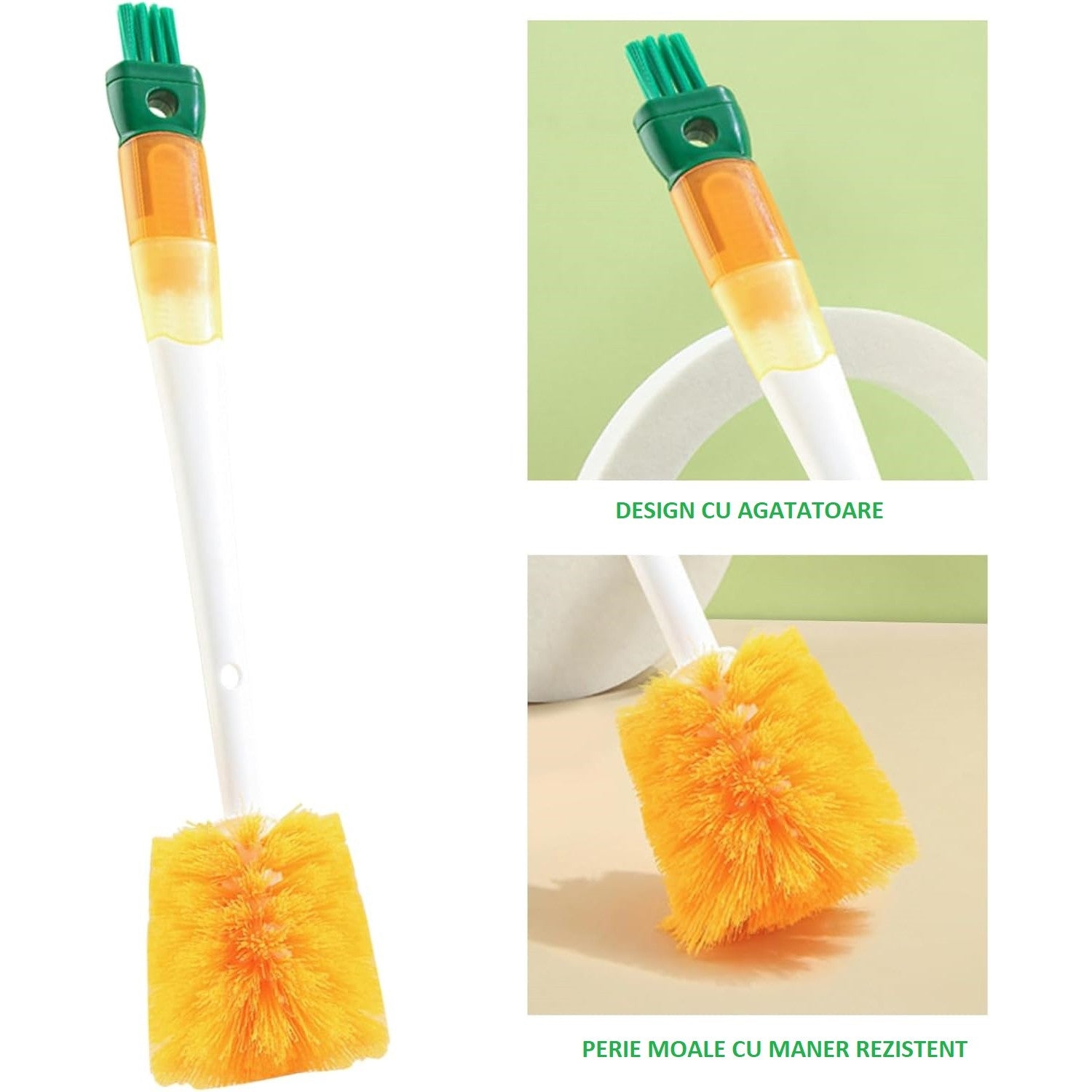 Perie 5 in 1 de Curatat Pahare, Cani, Sticle, Kadeny, cu Maner Lung, Accesorii pentru Spalarea Paielor si Capacelor, Usor de Agatat, 36x7x7cm, Portocaliu-Alb