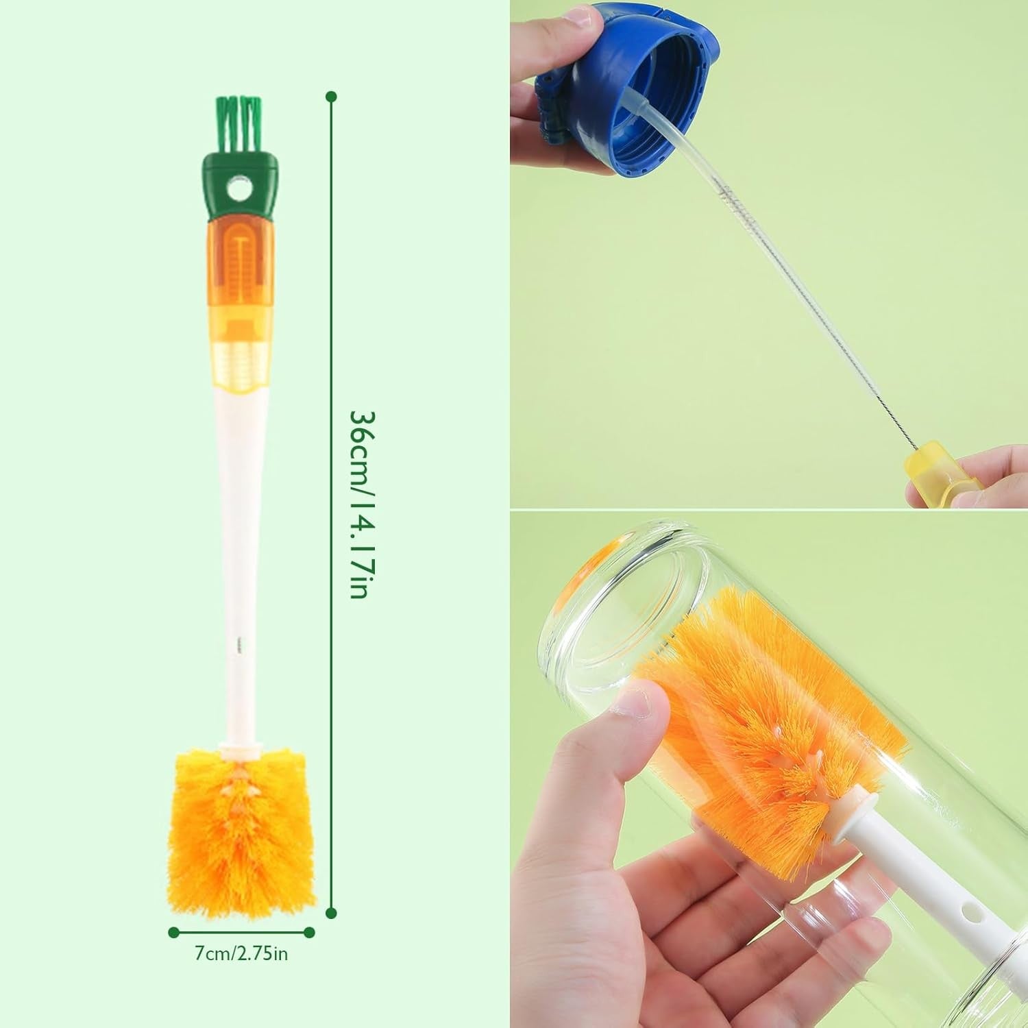 Perie 5 in 1 de Curatat Pahare, Cani, Sticle, Kadeny, cu Maner Lung, Accesorii pentru Spalarea Paielor si Capacelor, Usor de Agatat, 36x7x7cm, Portocaliu-Alb