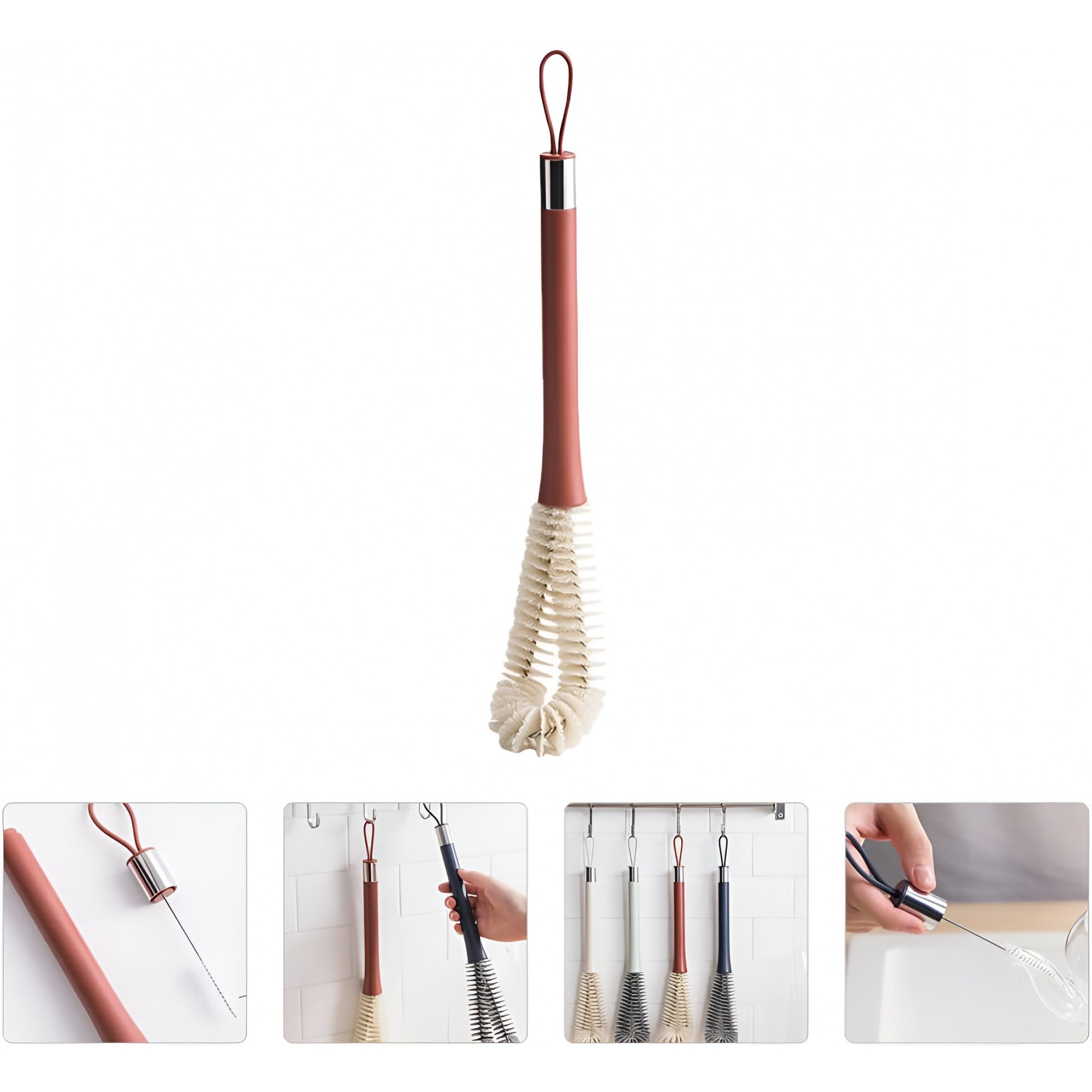 Perie de Curatat Pahare, Sticle, Biberoane, Kadeny, cu Maner Lung, Uz Casnic, Silicon, Ergonomic, 3.9x5.4x38.5cm, Rosu