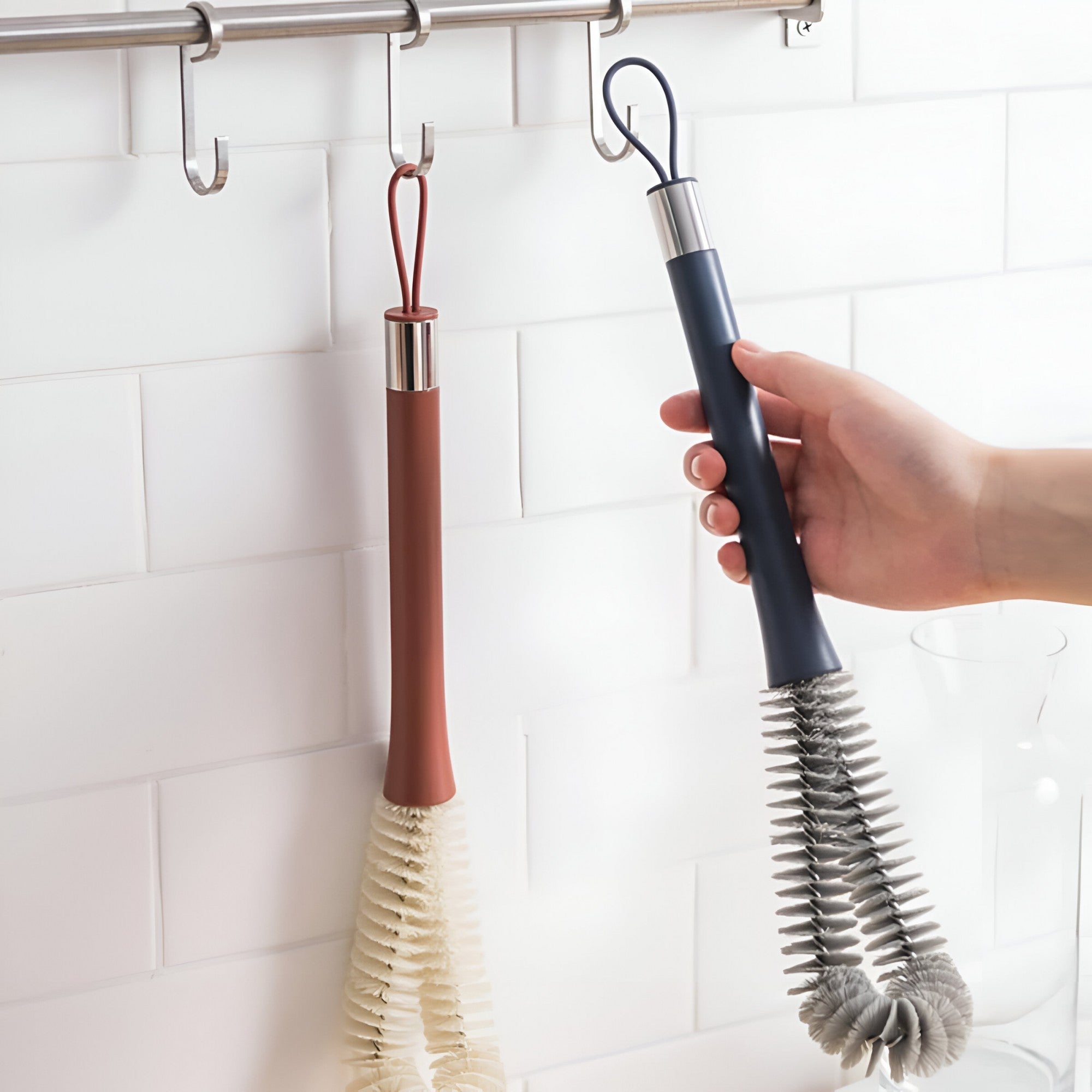 Perie de Curatat Pahare, Sticle, Biberoane, Kadeny, cu Maner Lung, Uz Casnic, Silicon, Ergonomic, 3.9x5.4x38.5cm, Rosu