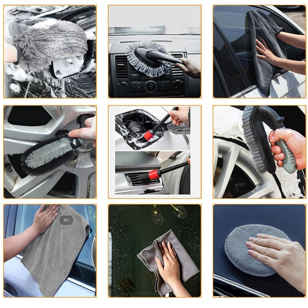 Set 9 Piese pentru Spalat Auto, Kadeny, din Plastic si Microfibra, Perii si Lavete, Model A, Gri