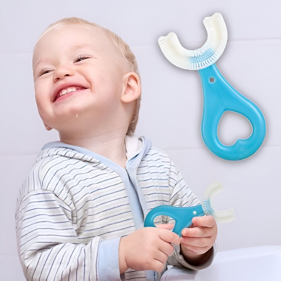 Periuta de Dinti in Forma de U, Kadeny, pentru Sugari si Copii 2-6 ani, Peri Moi, 9 cm, Model Inima, Culoare Albastru