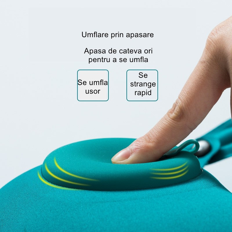 Perna pentru gat Kaveny, portabila, umflare prin apasare, usor de depozitat, imbracata in material catifelat, in forma de U, 40 x 28 cm, verde