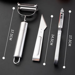 Accesorii de Curatat Decojit Fructe Legume, Kadeny, Set 3 Piese, Feliator Cutit Decojitor, Legume si Fructe, din Otel Inoxidabil, cu Maner, Argintiu