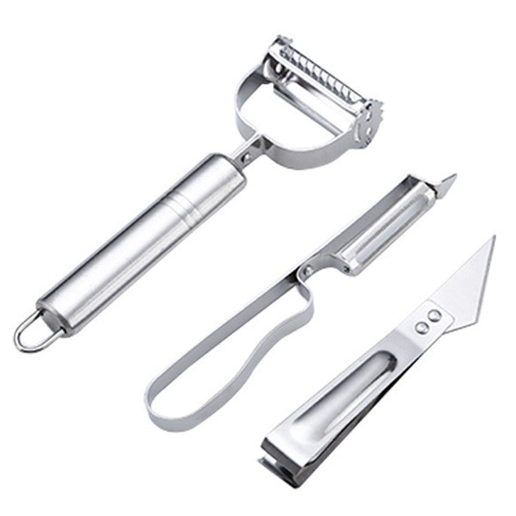 Accesorii de Curatat Decojit Fructe Legume, Kadeny, Set 3 Piese, Feliator Cutit Decojitor, Legume si Fructe, din Otel Inoxidabil, cu Maner, Argintiu