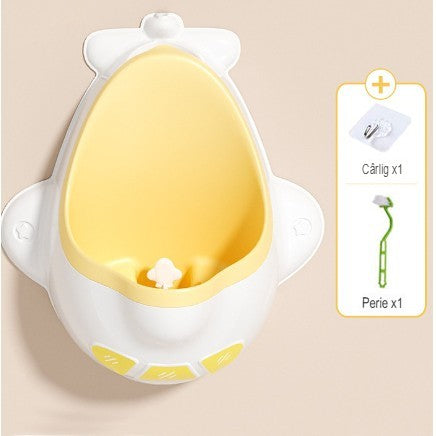 Pisoar pentru Baieti, Kadeny, 0-8 Ani, in Forma de Avion, Perie Inclusa, Montare pe Perete, Carlig Autoadeziv Inclus, 29 x 33.5 cm, Alb/Galben