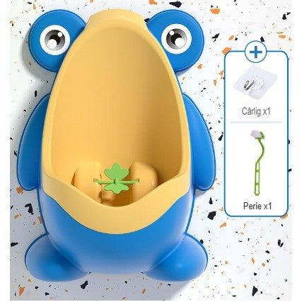 Pisoar pentru Baieti, Kadeny, 0-8 Ani, in Forma de Broasca, Perie Inclusa, Montare pe Perete, Carlig Autoadeziv Inclus, 29 x 22.5 cm, Albastru