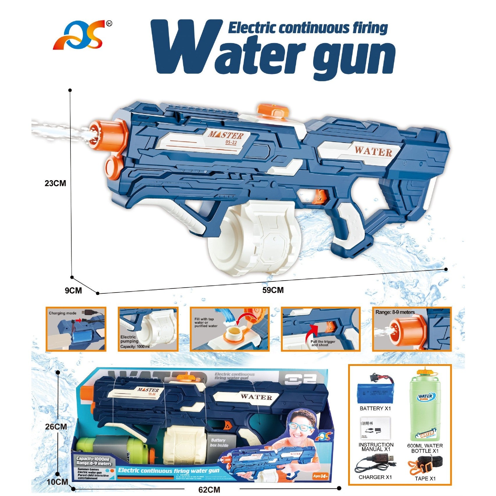 Pistol cu Apa pentru Copii, Rezervor 600ml, Kaveny, 14ani+, cu baterie 1200mAh, Electric Burst, Albastru/Alb, 1000ML
