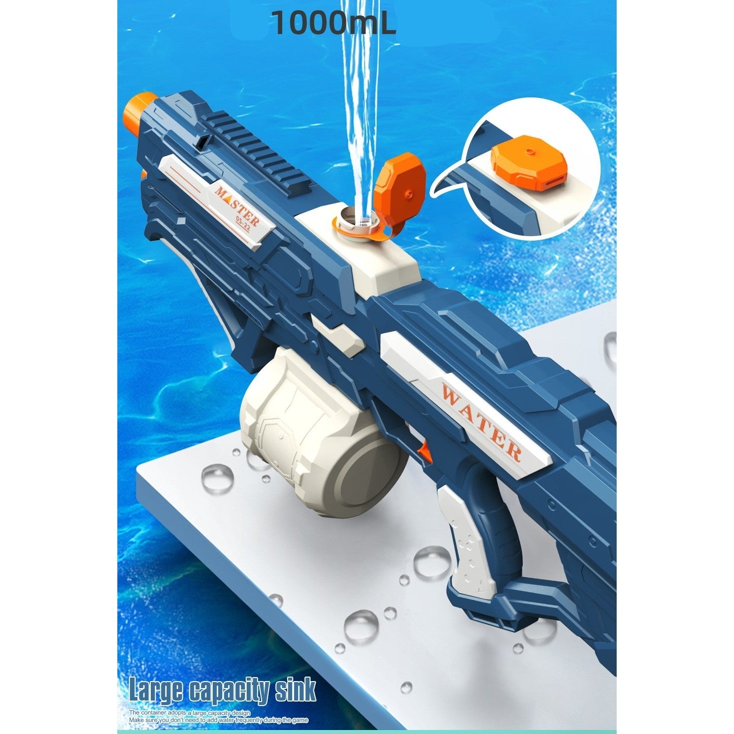 Pistol cu Apa pentru Copii, Rezervor 600ml, Kaveny, 14ani+, cu baterie 1200mAh, Electric Burst, Albastru/Alb, 1000ML