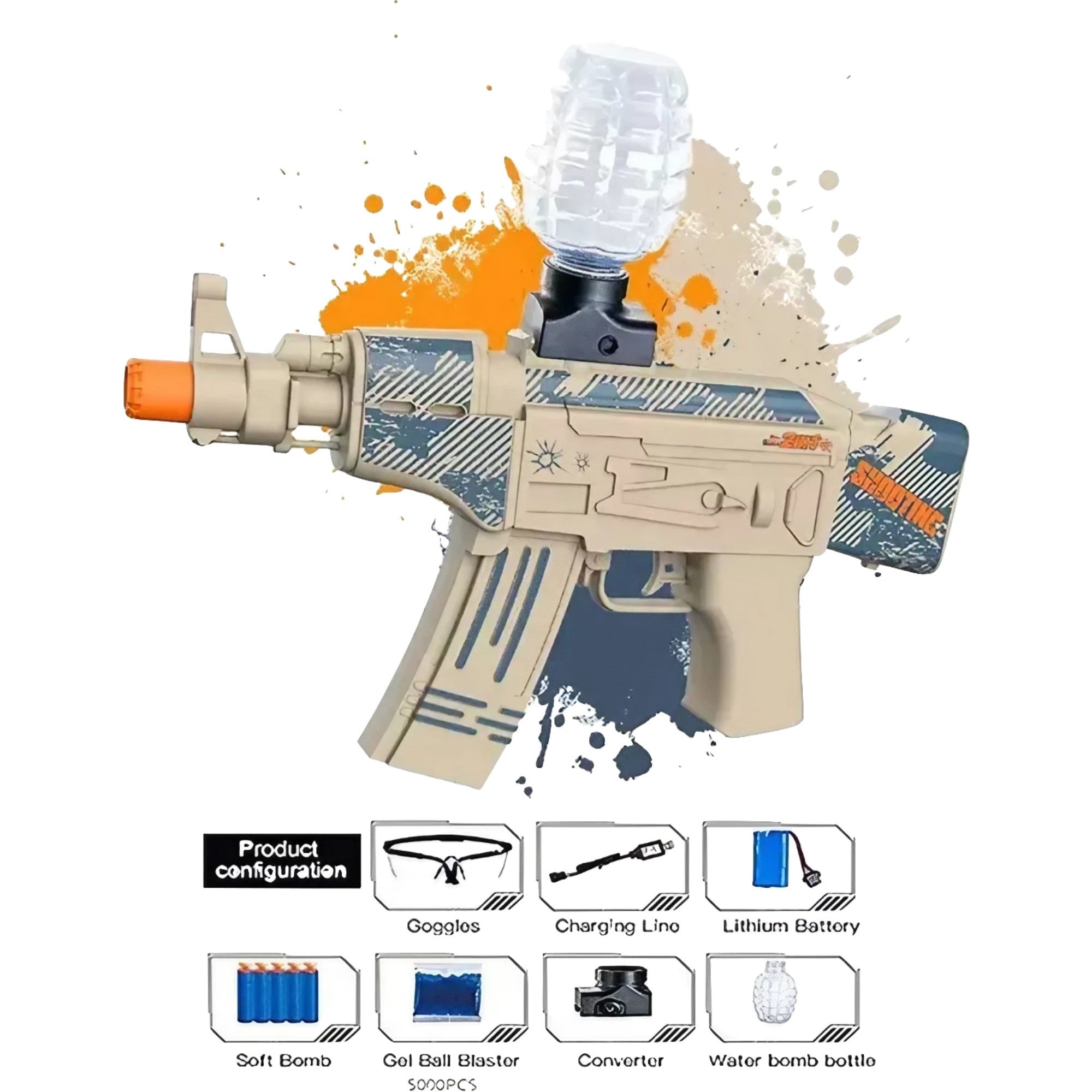 Mitraliera de jucarie electrica Kaveny cu bile de hidrogen de gel, gun bluster, tragere in rafala, varsta peste 6 ani, ochelari de protectie,  5000 de bile incluse, cablu de incarcare, 28x31 cm, AK47, crem