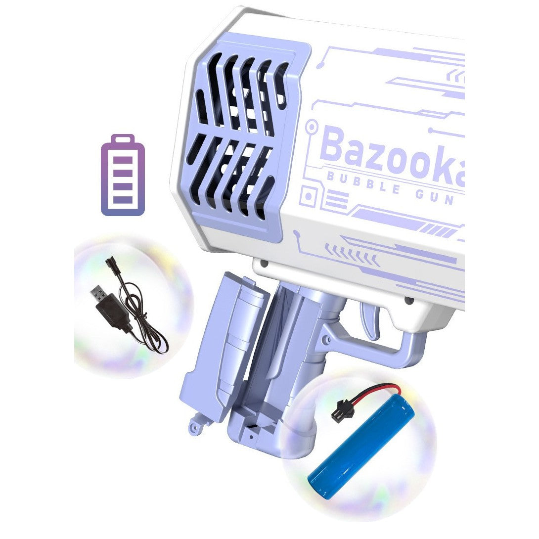 Pistol pentru Baloane de Sapun, Kaveny, 69 de Gauri, Lumini Colorate, Tavita, Lichid, Baterie de Li, Cablu de Incarcare, 24cm x 14cm x 24cm, Mov