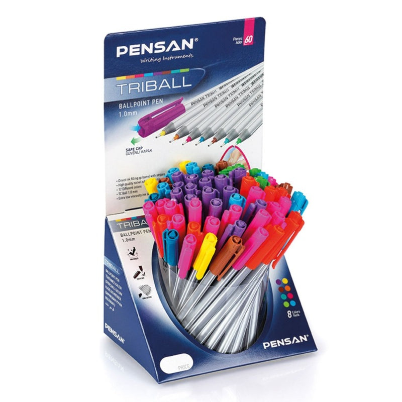 Pix cu bila Pensan Triball, 1.0mm, triunghilar, cu capac, diverse culori - display 60 bucati