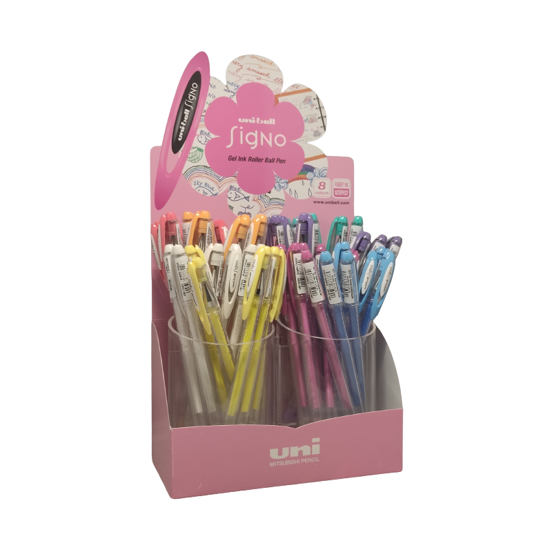 Display 48x Pix cu gel Uni-ball Signo Angelic UM-120AC, 0.7mm, cu capac, corp transparent, scris diverse culori