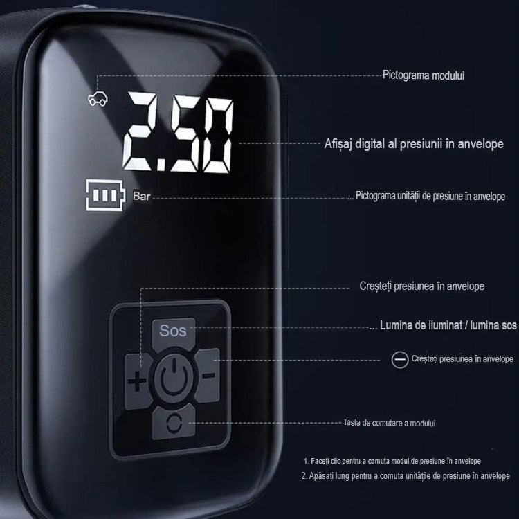 Pompa de Aer Wireless, Kadeny, Portabila, 150 PSI, Pentru Anvelope si Mingi, Baterie 2000 mAh, Afisaj Digital, 12.7 x 8.5 cm, Negru