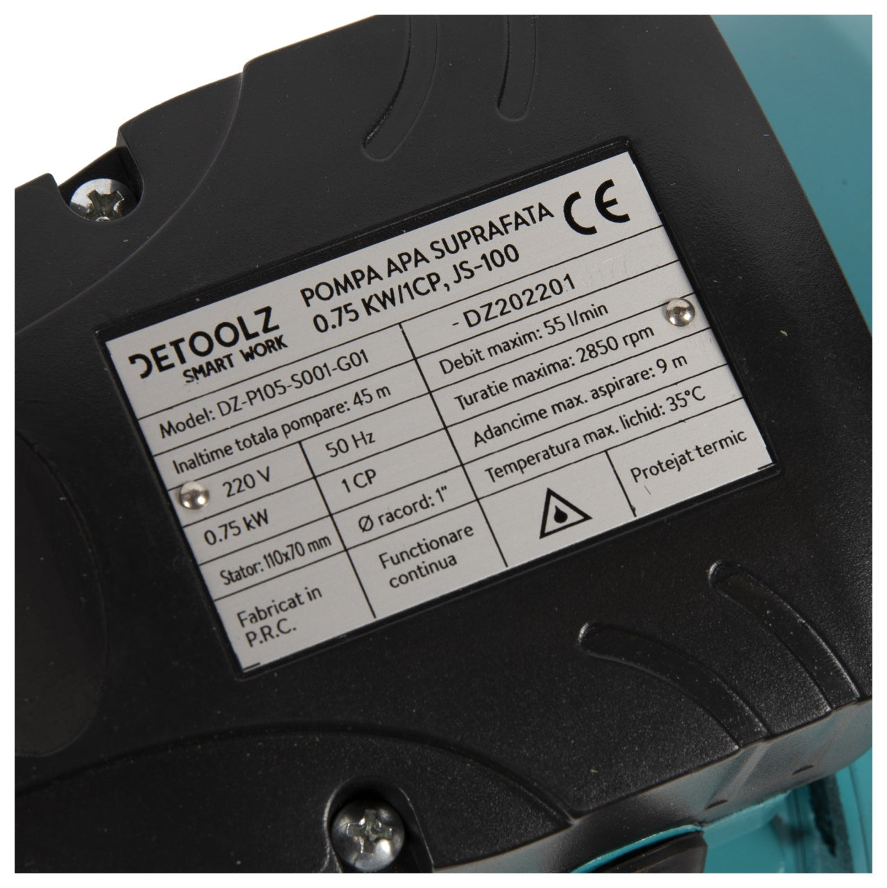 Pompa de suprafata Detoolz 0.75 kW, debit 3300l/h, inaltime de pompare 45m, carcasa pompa inox
