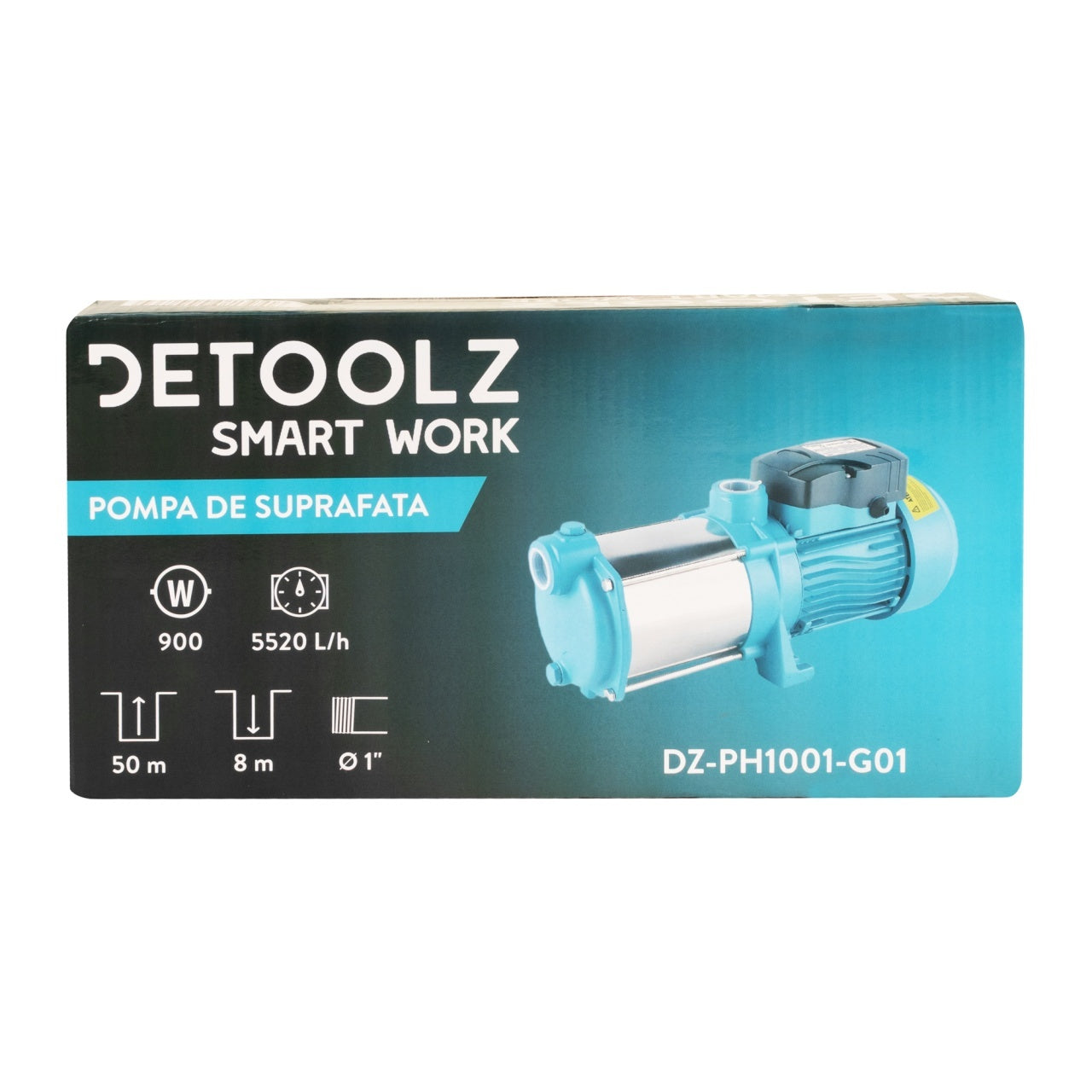 Pompa de suprafata Detoolz 0.9 kW, debit maxim 5520l/h, inaltime maxima de pompare 50m, corp pompa fonta