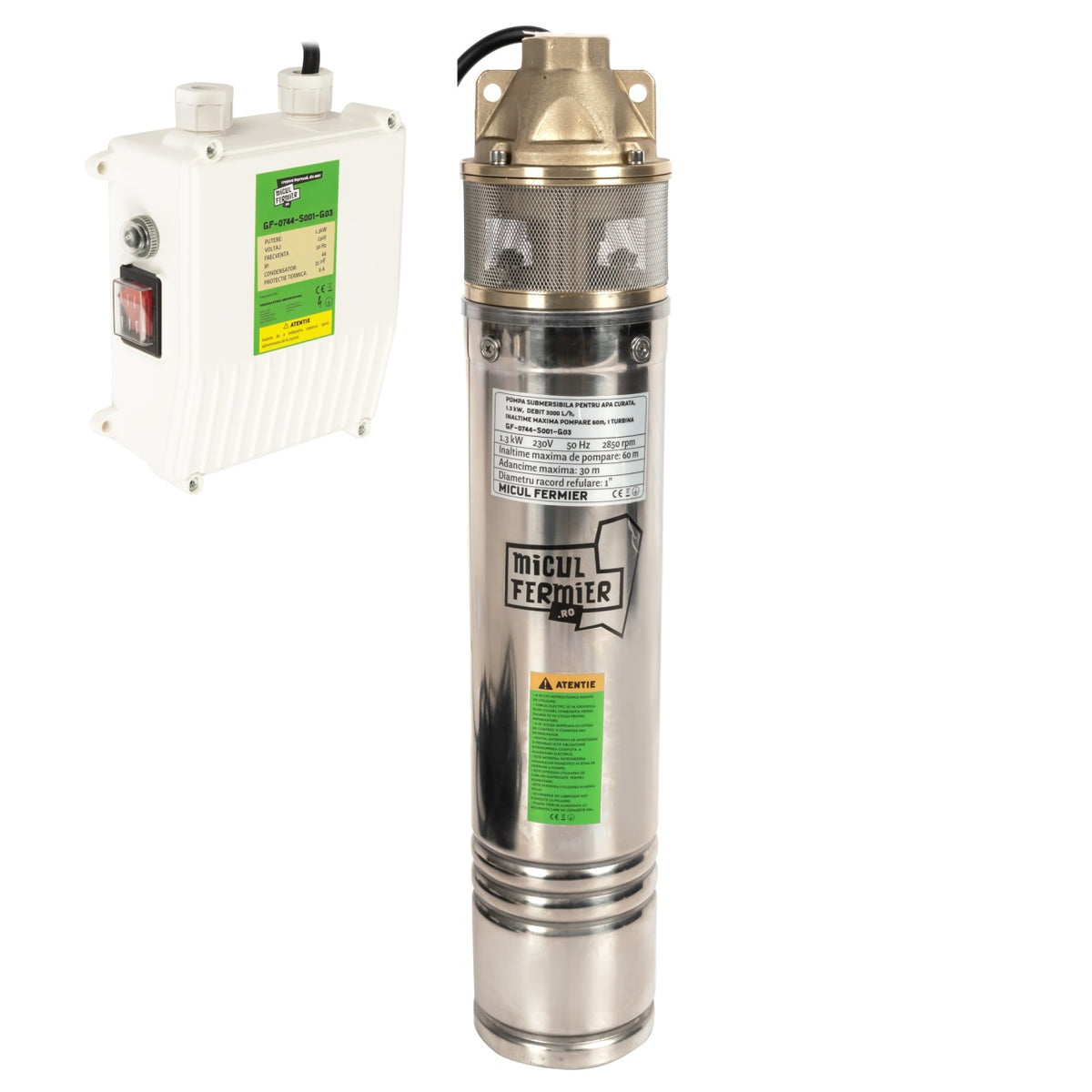 Pompa submersibila Micul Fermier, pentru apa curata, 1.3kW, debit 3000l/h, inaltime maxima pompare 60m, cu o turbina