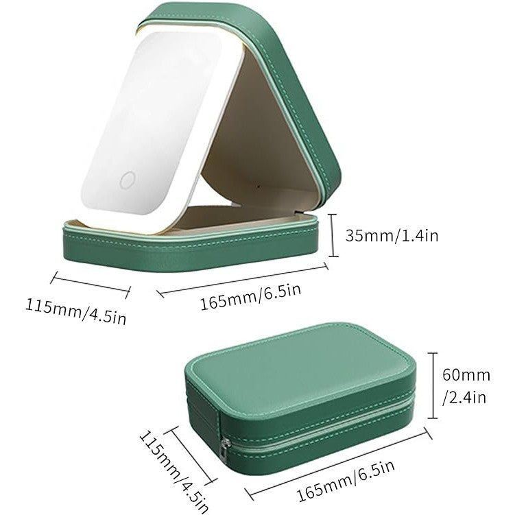 Portfard, Kadeny, Geanta Cosmetice, cu Oglinda LED, 3 Moduri de Lumina, Incarcare USB, Baterie 1200 mAh, pentru Organizarea Cosmeticelor, 4 Compartimente, Imitatie Piele, Verde, 16.5x11.5x6 cm