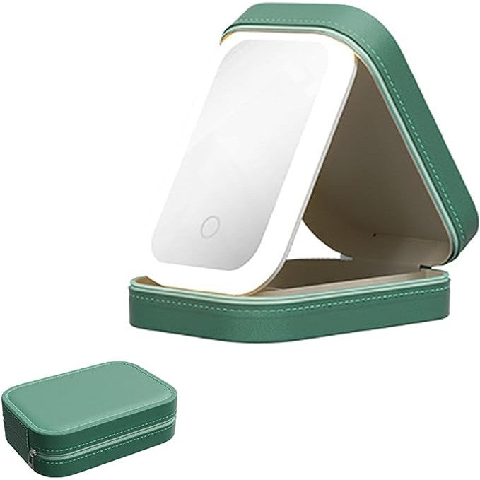 Portfard, Kadeny, Geanta Cosmetice, cu Oglinda LED, 3 Moduri de Lumina, Incarcare USB, Baterie 1200 mAh, pentru Organizarea Cosmeticelor, 4 Compartimente, Imitatie Piele, Verde, 16.5x11.5x6 cm
