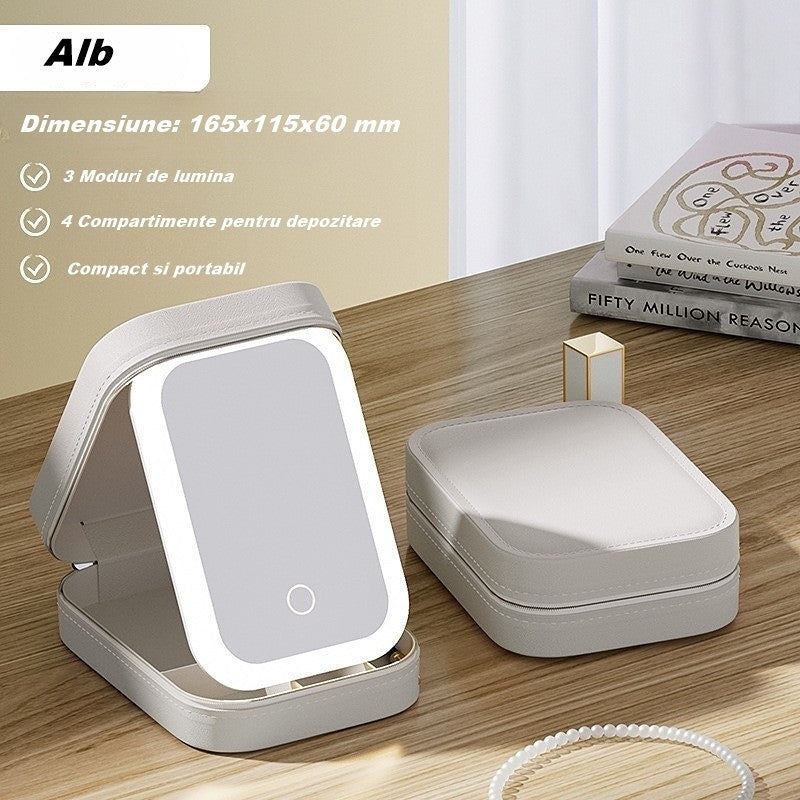 Portfard, Kadeny, Geanta Cosmetice, cu Oglinda LED, 3 Moduri de Lumina, Incarcare USB, Baterie 1200 mAh, pentru Organizarea Cosmeticelor, 4 Compartimente, Imitatie Piele, Alb, 16.5x11.5x6 cm