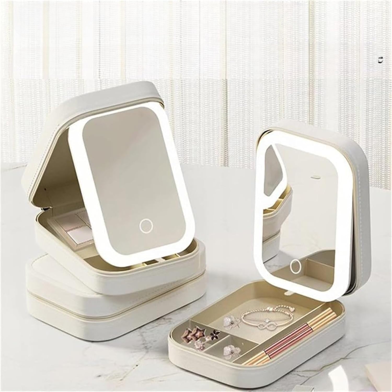 Portfard, Kadeny, Geanta Cosmetice, cu Oglinda LED, 3 Moduri de Lumina, Incarcare USB, Baterie 1200 mAh, pentru Organizarea Cosmeticelor, 4 Compartimente, Imitatie Piele, Alb, 16.5x11.5x6 cm