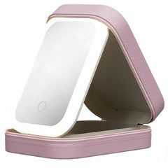 Portfard, Kadeny, Geanta Cosmetice, cu Oglinda LED, 3 Moduri de Lumina, Incarcare USB, Baterie 1200 mAh, pentru Organizarea Cosmeticelor, 4 Compartimente, Imitatie Piele, Roz, 16.5x11.5x6 cm