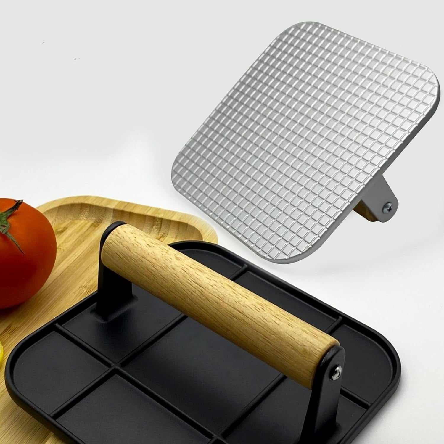 Presa Manuala pentru Carne, Kadeny, din Aliaj de Aluminiu, Maner din Lemn, Presa pentru Burgeri, Usor de Curatat si Folosit, Patrata, 16x16x6 cm, Gri