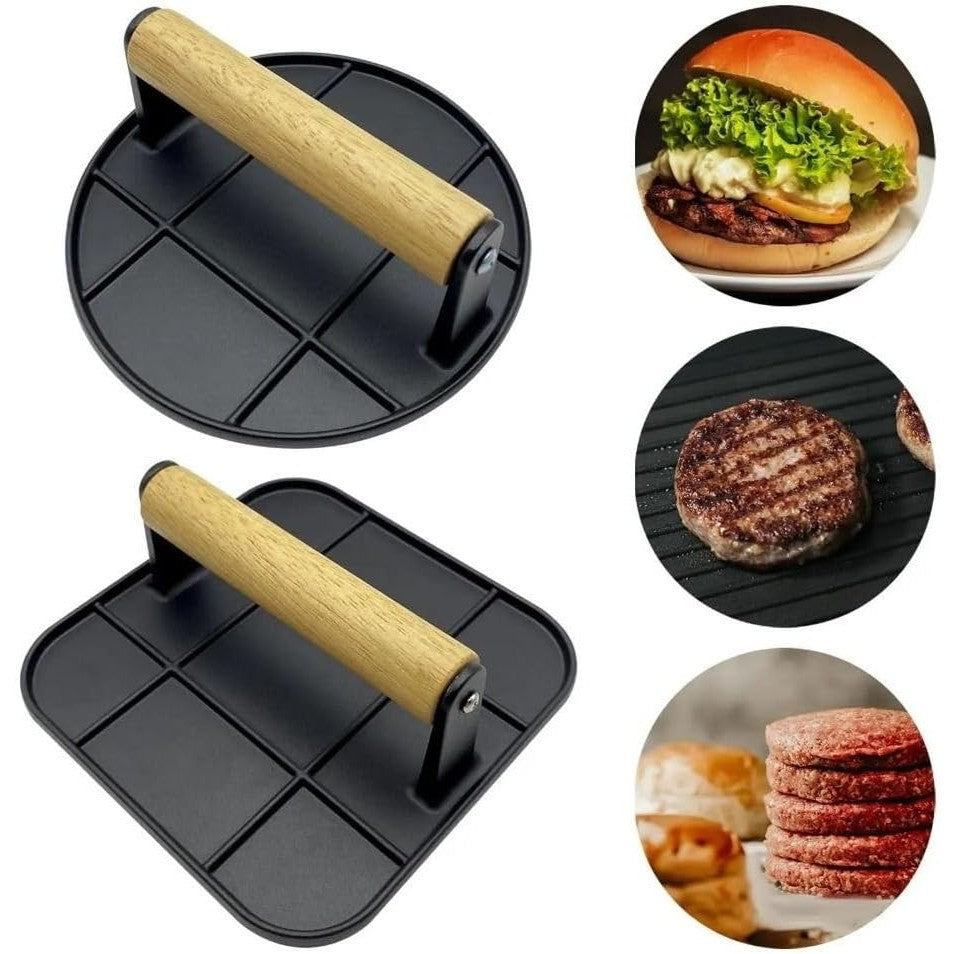 Presa Manuala pentru Carne, Kadeny, din Aliaj de Aluminiu, Maner din Lemn, Presa pentru Burgeri, Usor de Curatat si Folosit, Patrata, 16x16x6 cm, Neagra