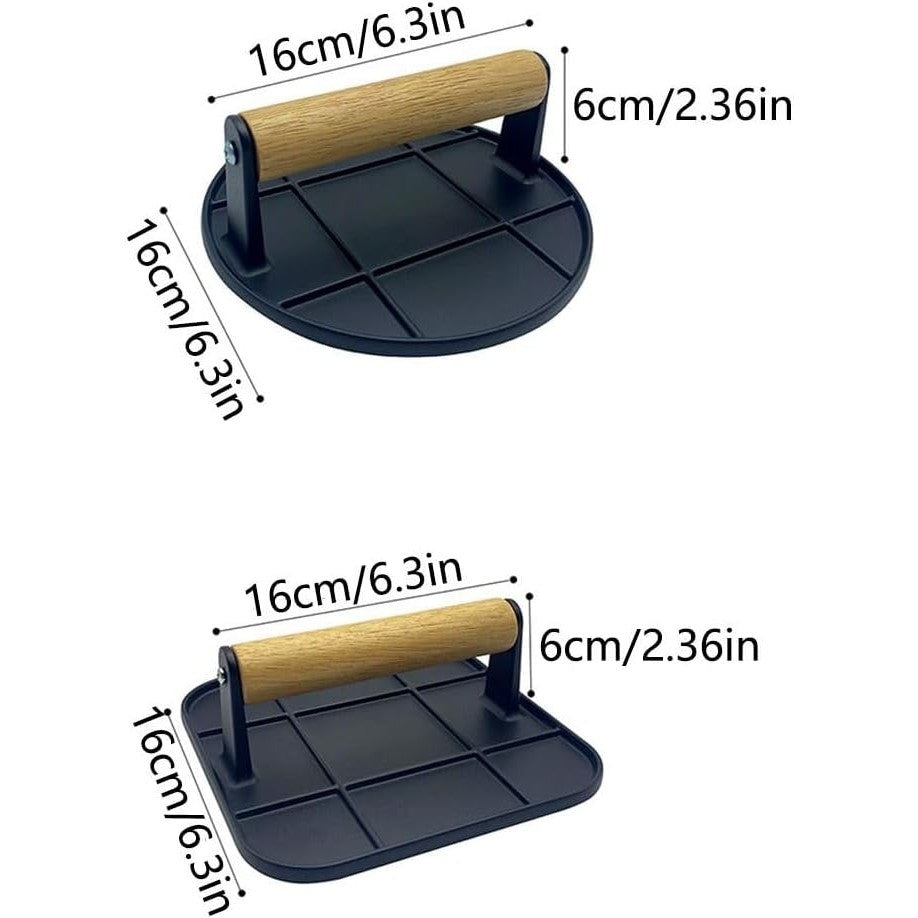 Presa Manuala pentru Carne, Kadeny, din Aliaj de Aluminiu, Maner din Lemn, Presa pentru Burgeri, Usor de Curatat si Folosit, Patrata, 16x16x6 cm, Neagra