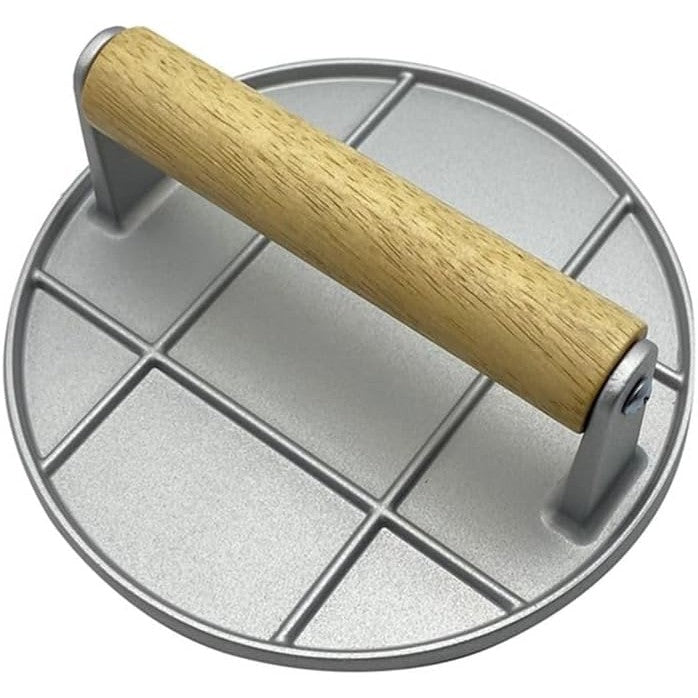 Presa Manuala pentru Carne, Kadeny, din Aliaj de Aluminiu, Maner din Lemn, Presa pentru Burgeri, Usor de Curatat si Folosit, Rotunda, 16x16x6 cm, Gri