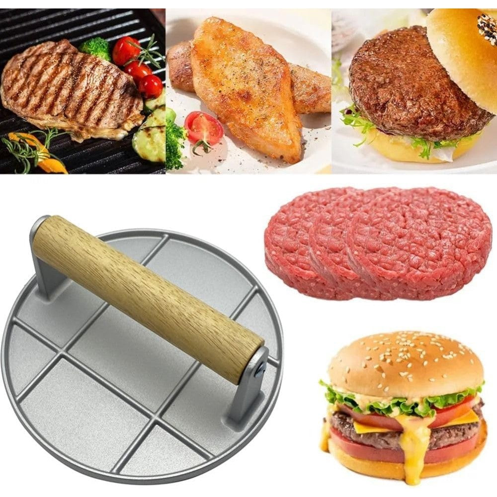 Presa Manuala pentru Carne, Kadeny, din Aliaj de Aluminiu, Maner din Lemn, Presa pentru Burgeri, Usor de Curatat si Folosit, Rotunda, 16x16x6 cm, Gri