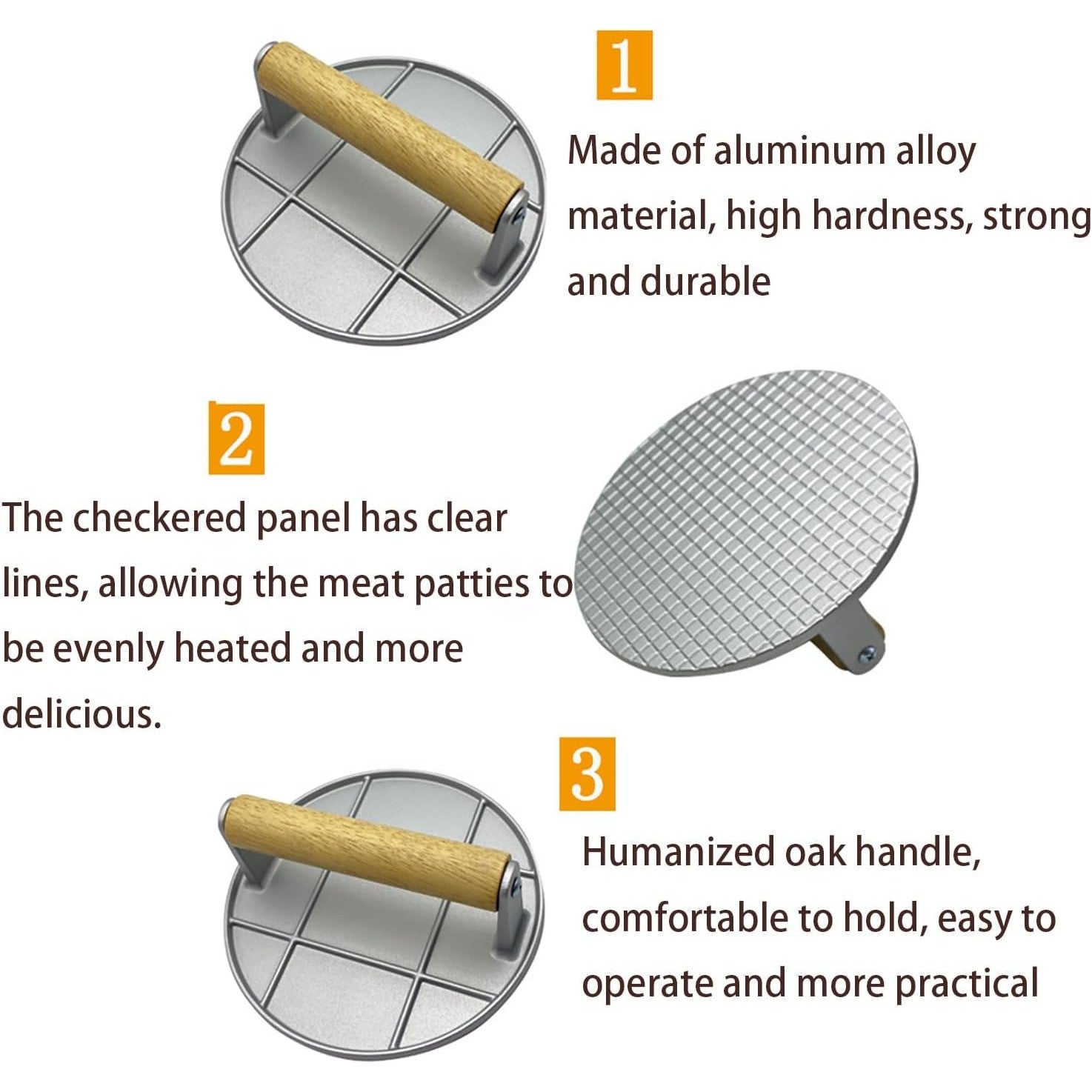 Presa Manuala pentru Carne, Kadeny, din Aliaj de Aluminiu, Maner din Lemn, Presa pentru Burgeri, Usor de Curatat si Folosit, Rotunda, 16x16x6 cm, Gri