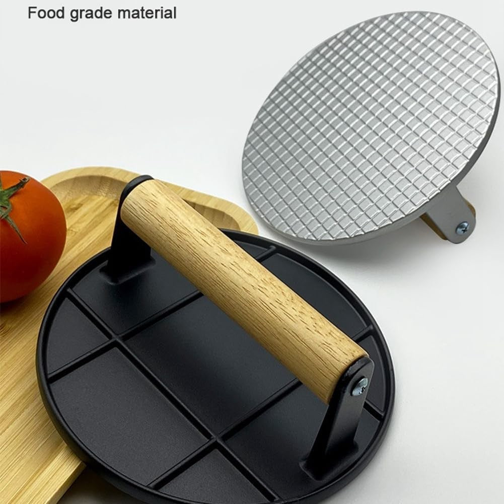 Presa Manuala pentru Carne, Kadeny, din Aliaj de Aluminiu, Maner din Lemn, Presa pentru Burgeri, Usor de Curatat si Folosit, Rotunda, 16x16x6 cm, Gri