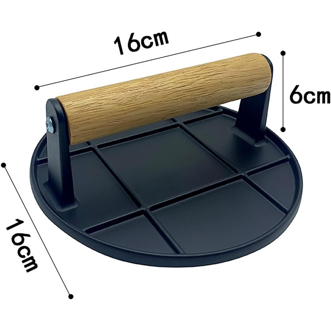 Presa Manuala pentru Carne, Kadeny, din Aliaj de Aluminiu, Maner din Lemn, Presa pentru Burgeri, Usor de Curatat si Folosit, Rotunda, 16x16x6 cm, Neagra