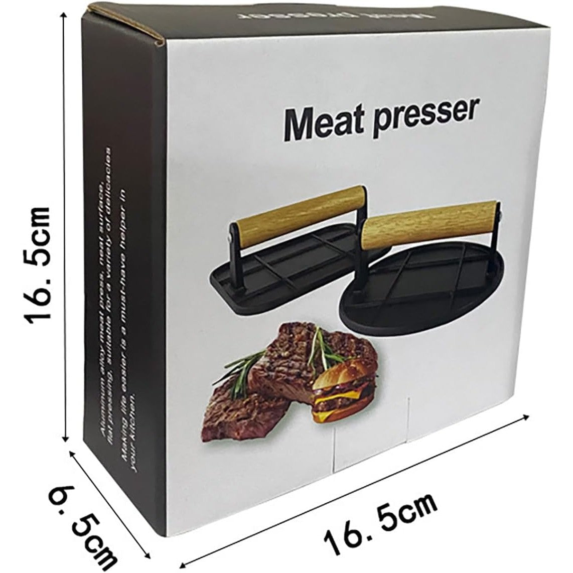Presa Manuala pentru Carne, Kadeny, din Aliaj de Aluminiu, Maner din Lemn, Presa pentru Burgeri, Usor de Curatat si Folosit, Rotunda, 16x16x6 cm, Neagra