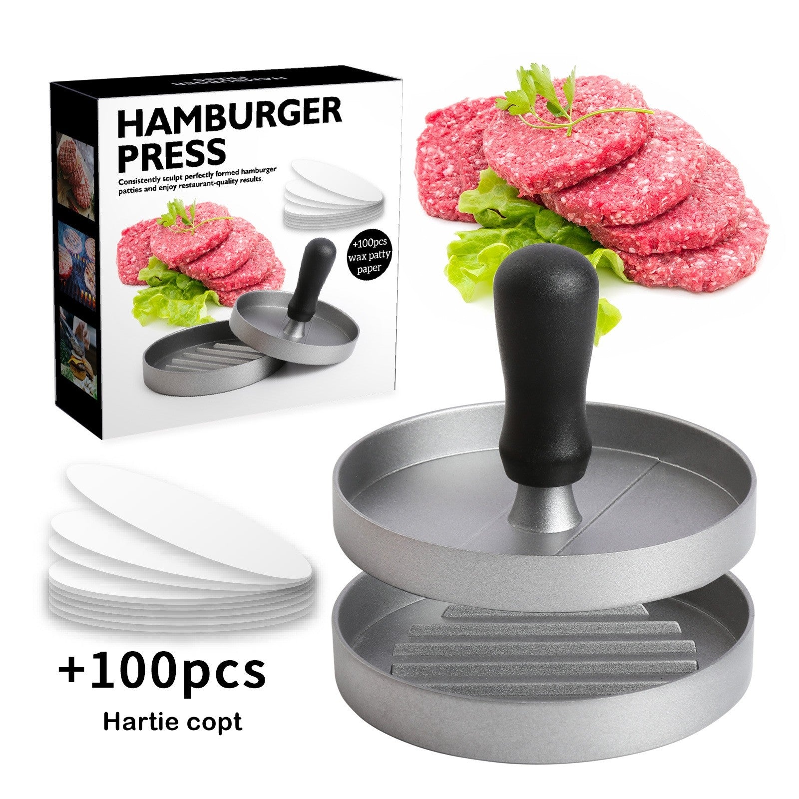 Presa manuala pentru burgeri Kadeny, material ABS si aluminiu, forma si presa, usor de curatat si folosit, 11.7 x 8.5 cm, gri