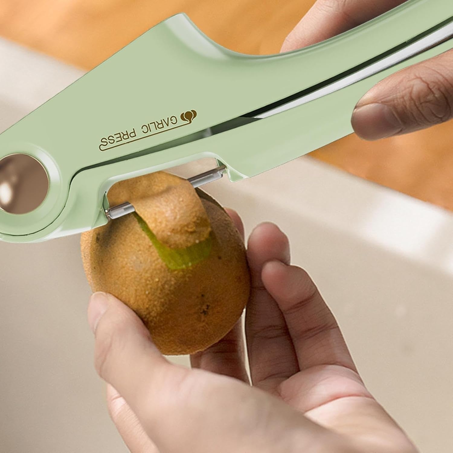 Presa Multifunctionala pentru Usturoi 4in1, Kadeny, Presa, Feliator, Desfacator de Borcane, Curatator Fructe/Legume, 22 x 8.8 cm, Verde