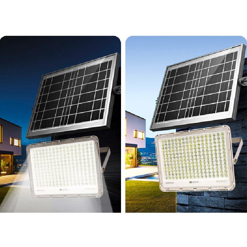 Proiector LED cu Panou Solar Kaveny, Senzor de lumina Waterproof, 100W, 23x18 cm, suport U inclus, panou afisaj nivel baterie, telecomanda, 220V, Design Modern, Alb