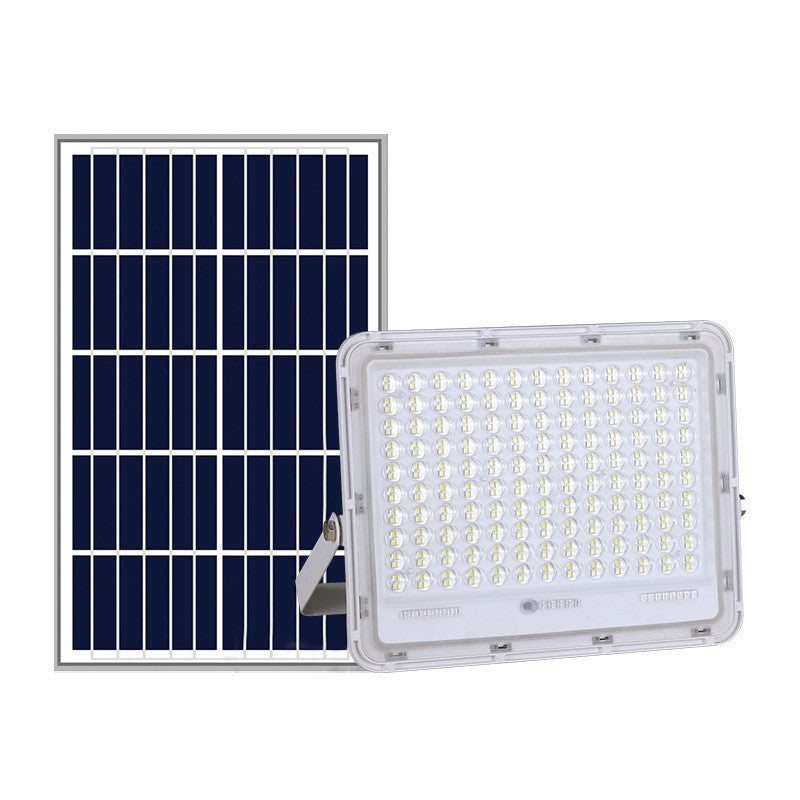 Proiector LED cu Panou Solar Kaveny, Senzor de lumina Waterproof, 100W, 23x18 cm, suport U inclus, panou afisaj nivel baterie, telecomanda, 220V, Design Modern, Alb