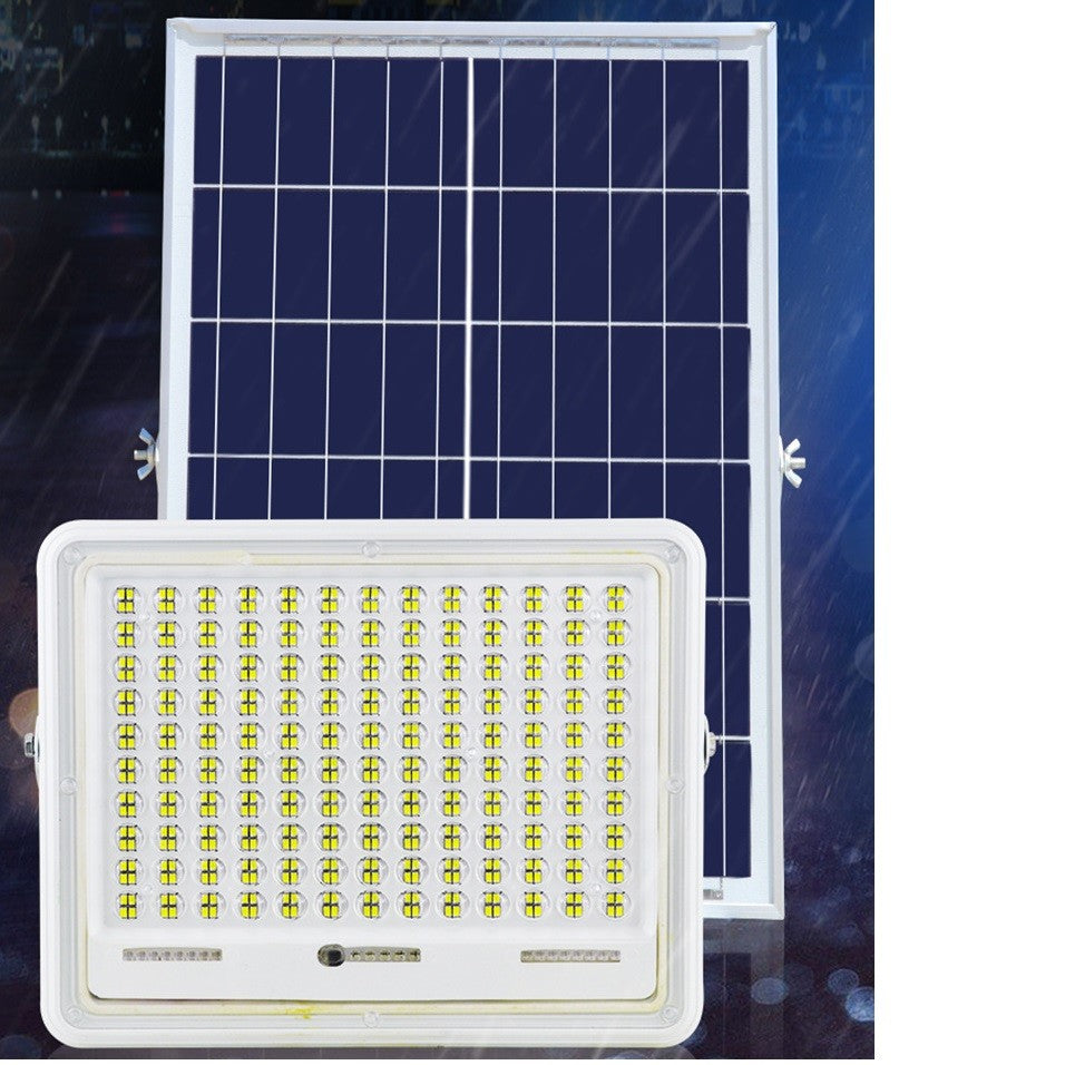 Proiector LED cu Panou Solar Kaveny, Senzor de lumina Waterproof, 200W, 29x23 cm, suport U inclus, panou afisaj nivel baterie, telecomand, 220V, Design Modern, Alb