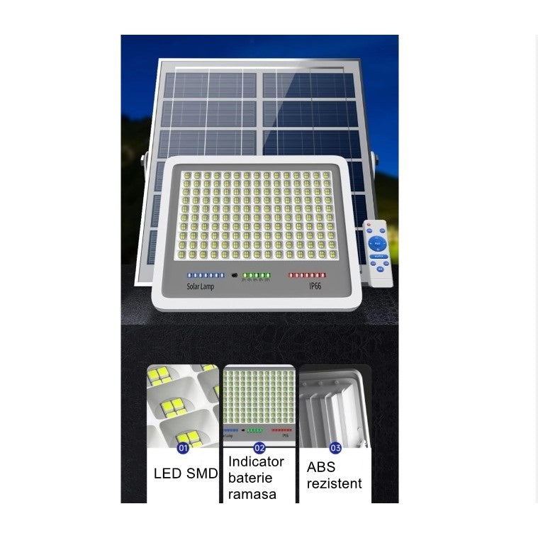 Proiector LED cu Panou Solar Kaveny, Senzor lumina, Waterproof, 600 LED-uri incorporate, 300W, 37x26.5 cm, IP67, Design Modern, Negru
