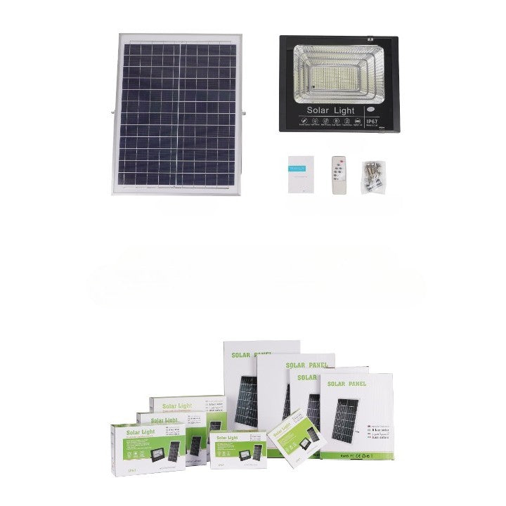 Proiector LED/Lampa solara de exterior Kaveny, 22 cm x 27 cm, Rezistent la Apa IP67, cu Panou Solar, 220LED SMD, 100W, Senzor de lumina, Timer, cu Telecomanda, 2 moduri de iluminat, kit montaj inclus, Lumina Rece